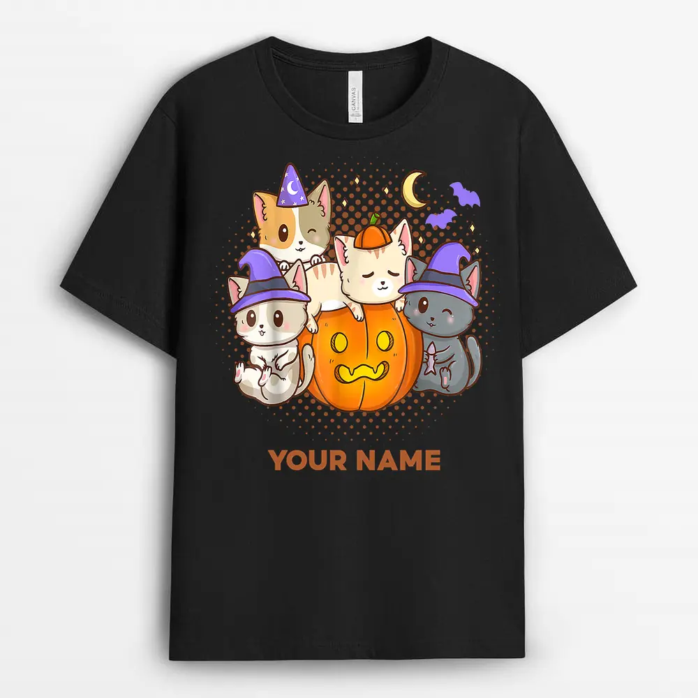 Custom Name Halloween Cats Anime Cat Kawaii Neko Pumpkin Cat Lover Witch Ver T Shirt