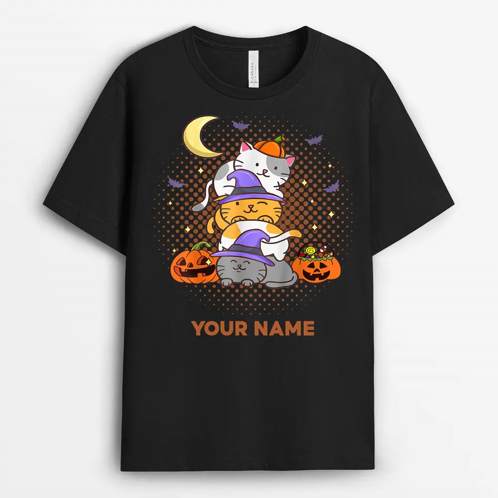 Custom Name Halloween Cats Anime Cat Kawaii Neko Pumpkin Cat Lover Witch T Shirt