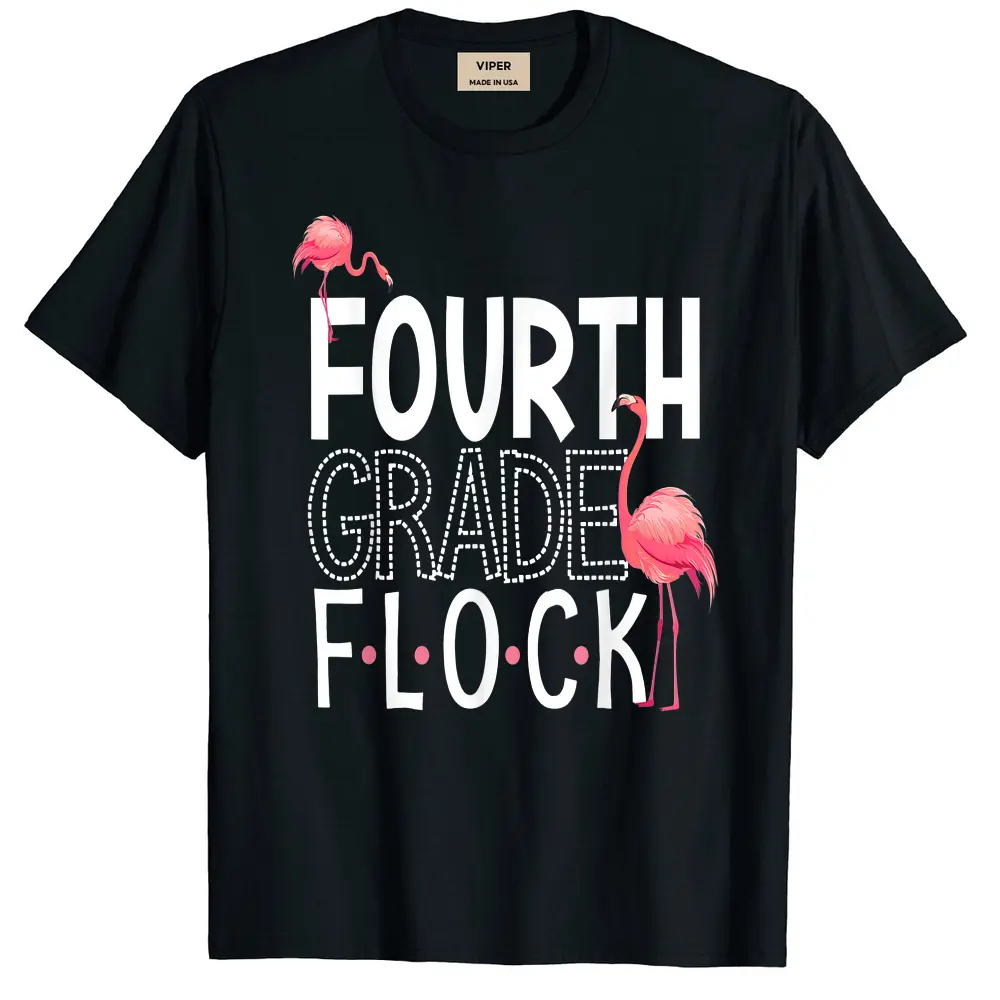 4th Grade Flock Pink Flamingo Squad Teacher Kid Fourth Grade T-Shirt - Black