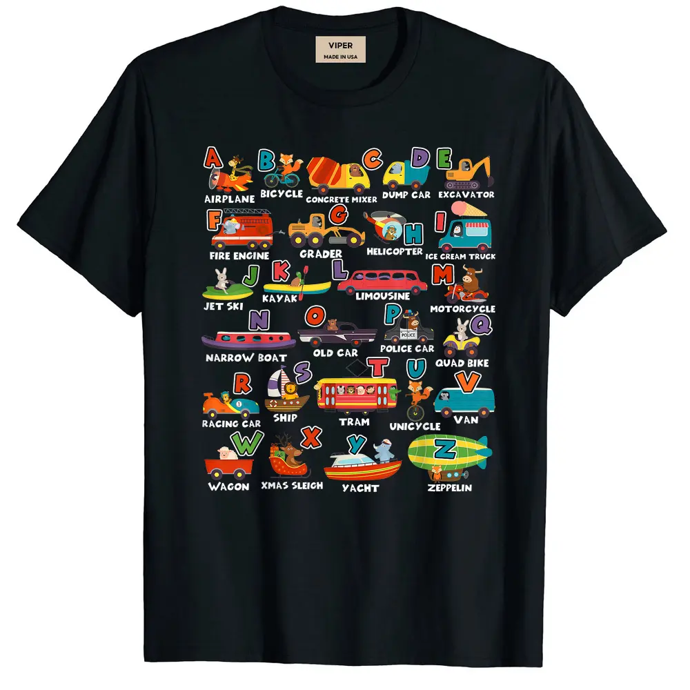 Alphabet Learning Transportation Animal Letter Abcs Teacher T-Shirt - Black