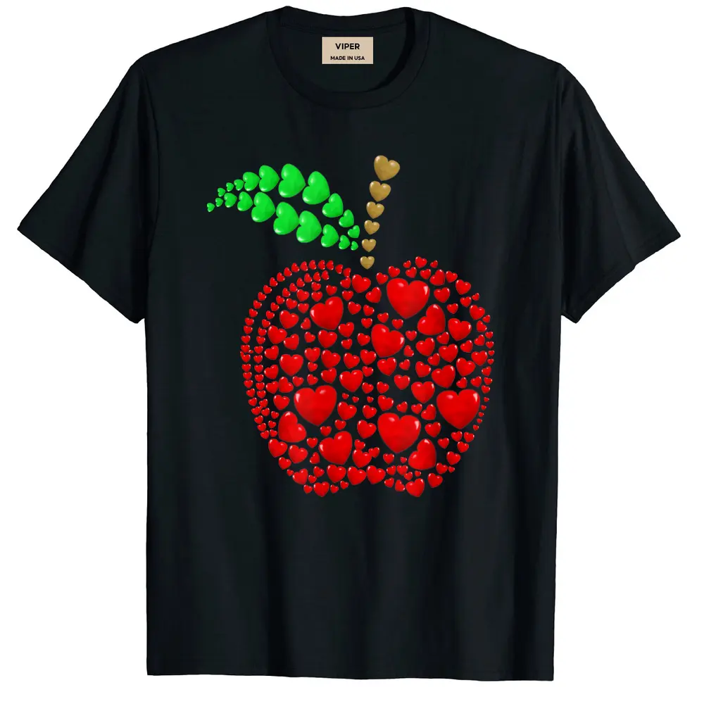 Apple Hearts Background Valentine's Day Teacher Students T-Shirt - Black