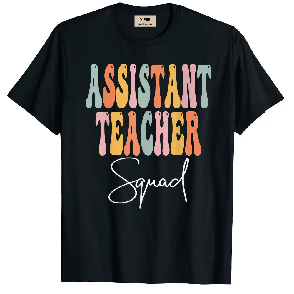 Assistant Teacher Squad Retro Groovy First Day Of School T-Shirt - Black