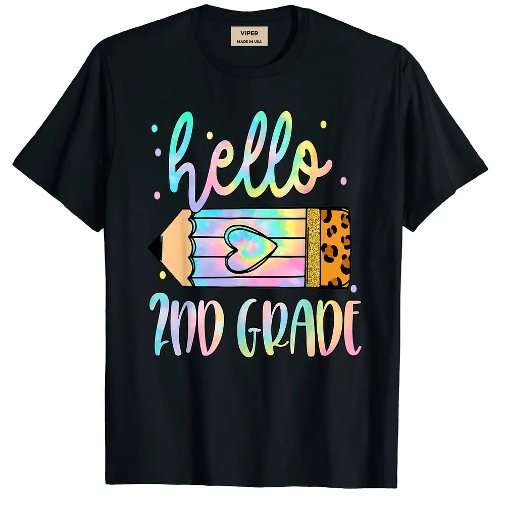 Back To School Hello 2nd Grade Leopard Tie Dye Pencil T-Shirt - Black