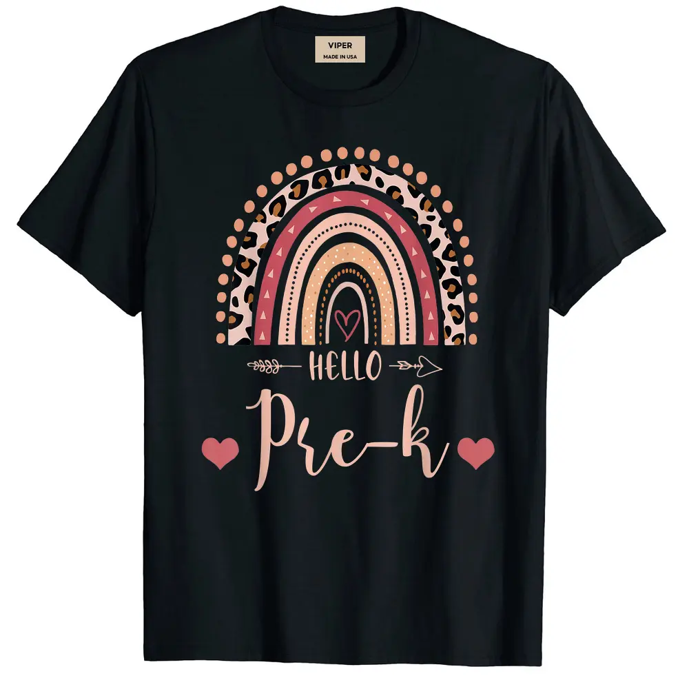 Back To School Hello Prek Teacher Leopard Rainbow T-Shirt - Black