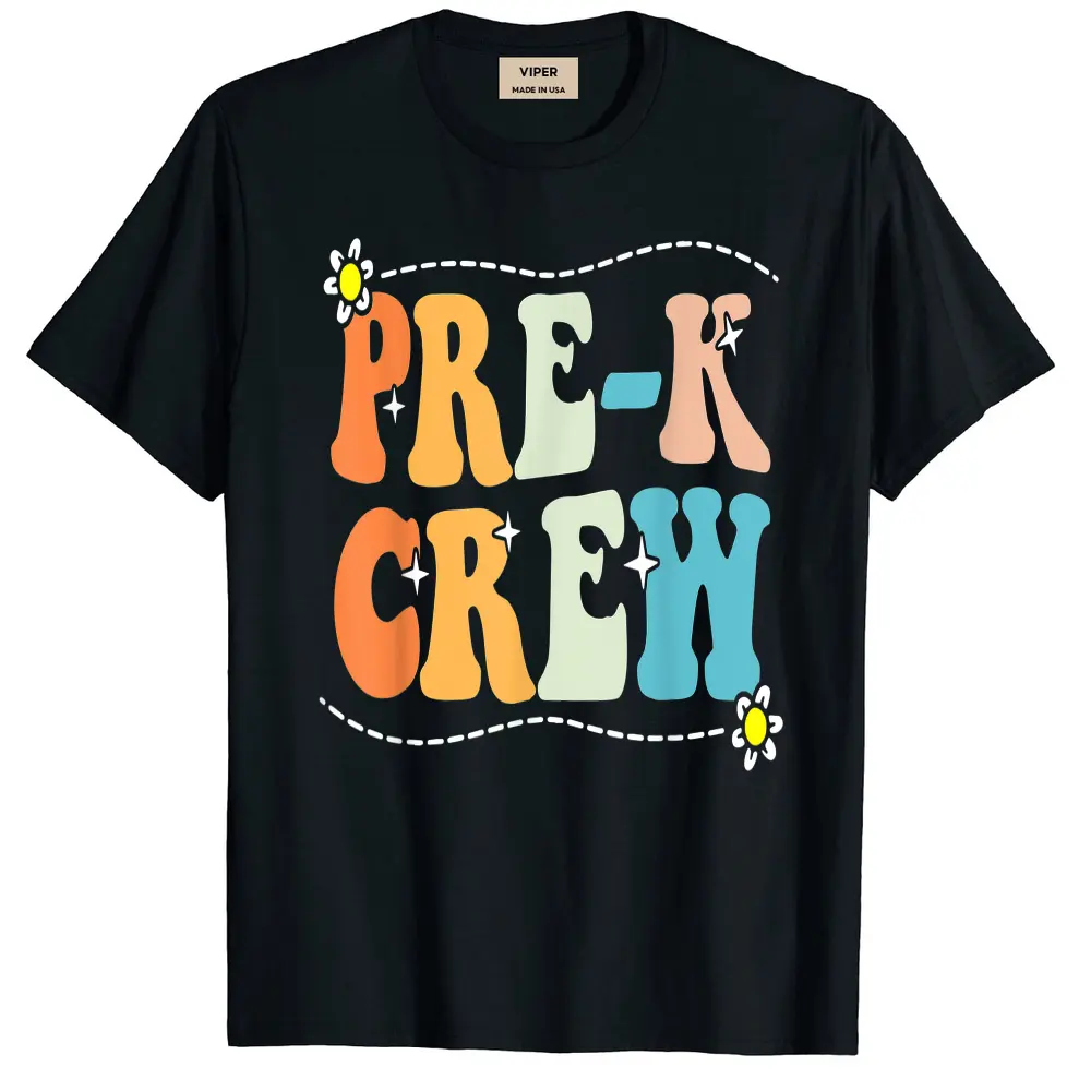 Back To School Pre-k Crew Groovy Retro Teacher Kid T-Shirt - Black