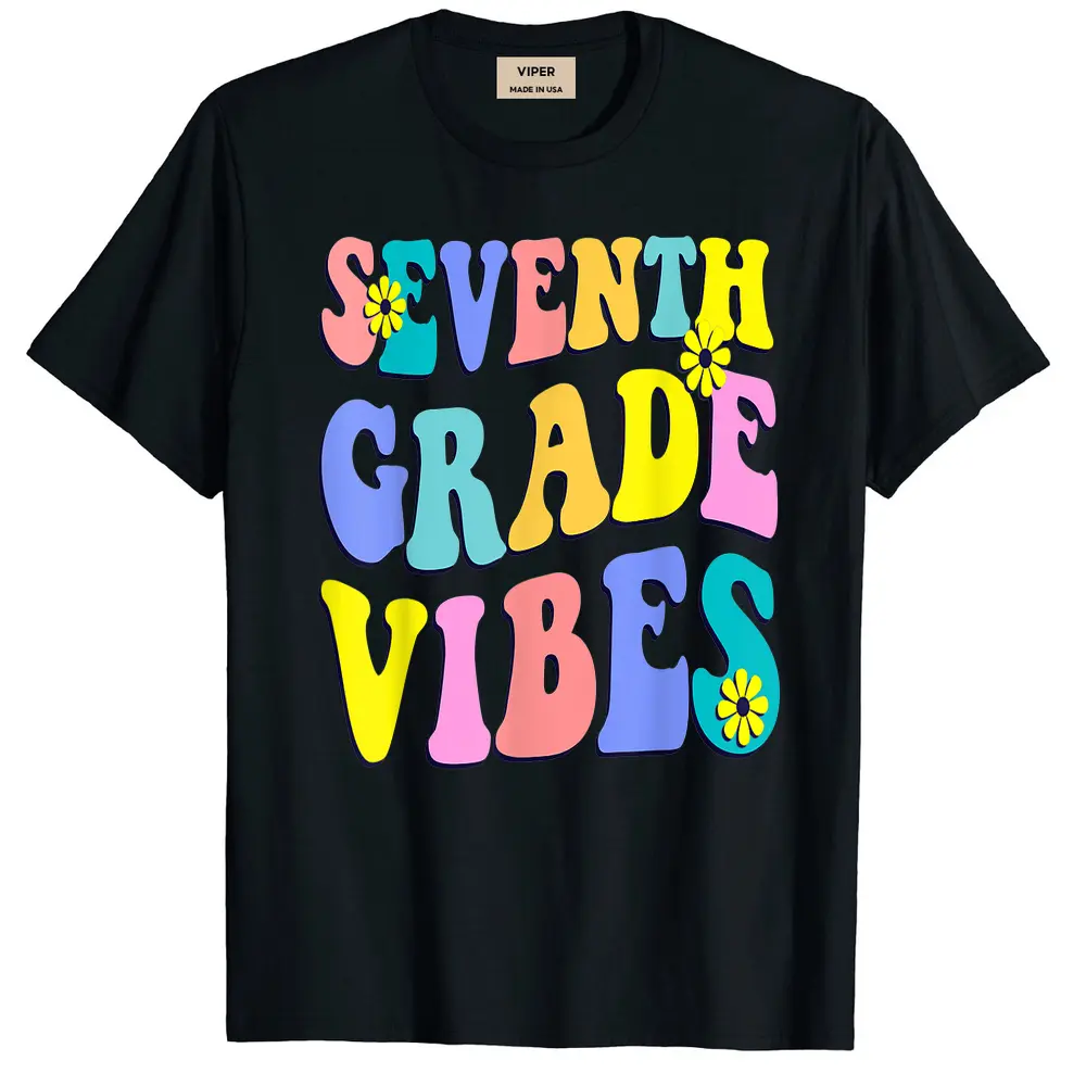 Back To School Seventh Grade Vibes Student Teacher Retro T-Shirt - Black