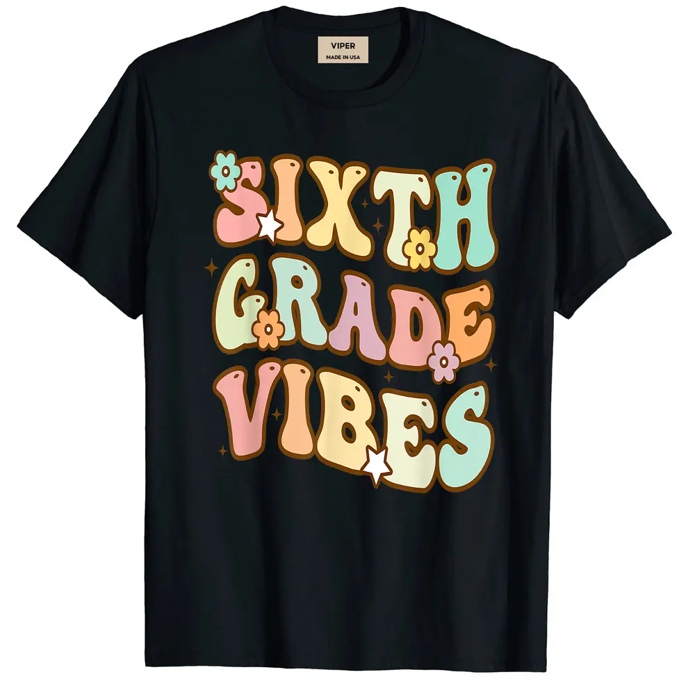 Back To School Sixth Grade Vibes Student Teacher Retro T-Shirt - Black