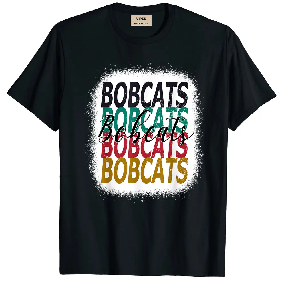 Bobcats Teacher School Sports Fan Team Spirit Bleached Retro T-Shirt - Black