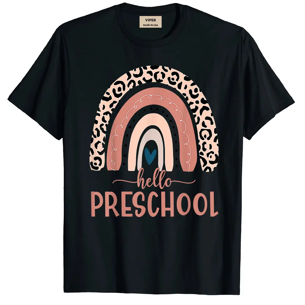 Boho Rainbow Heart For Teachers Women Hello Preschool T-Shirt - Black