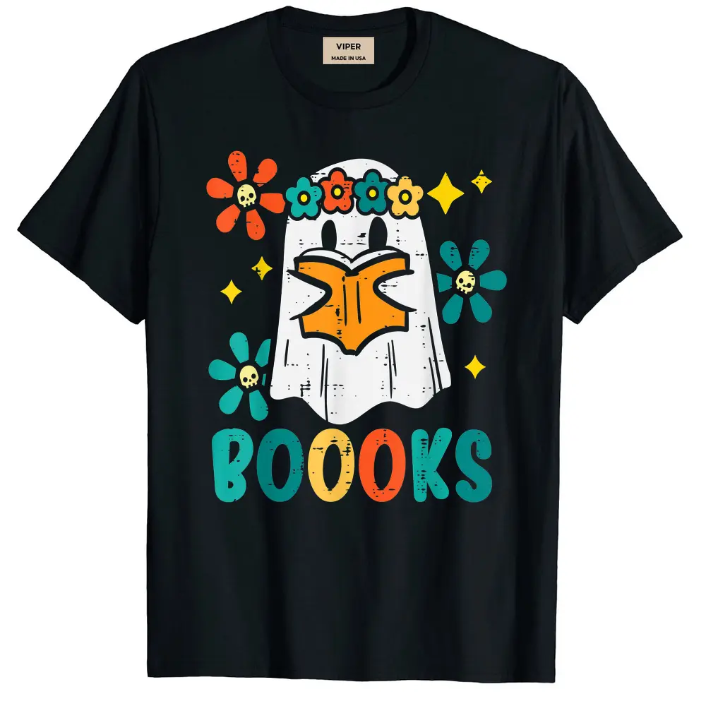 Books Ghost Reading Boooks Retro Groovy Halloween Teacher T-Shirt - Black