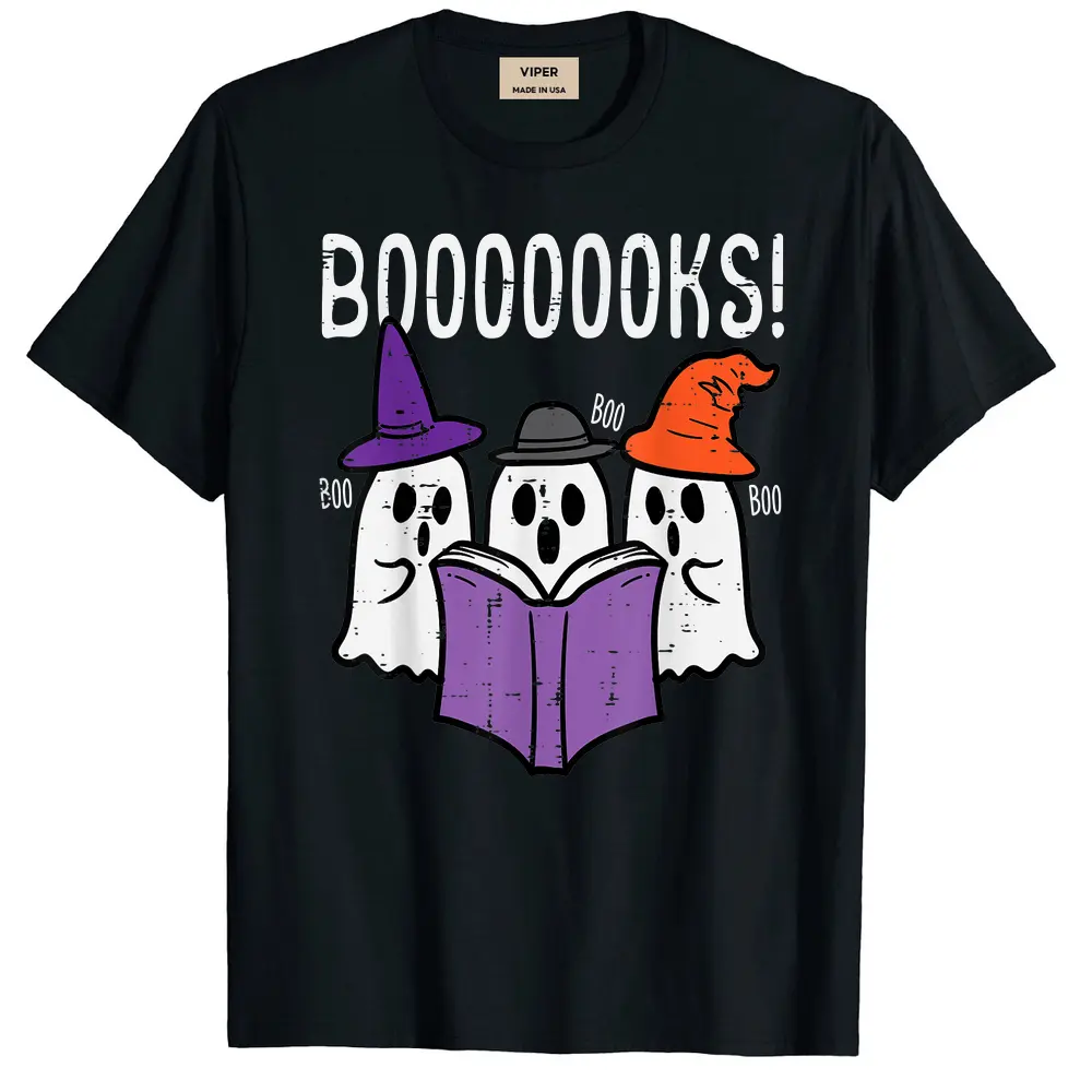 Boooks Ghosts Reading Book Retro Halloween Teacher Librarian T-Shirt - Black