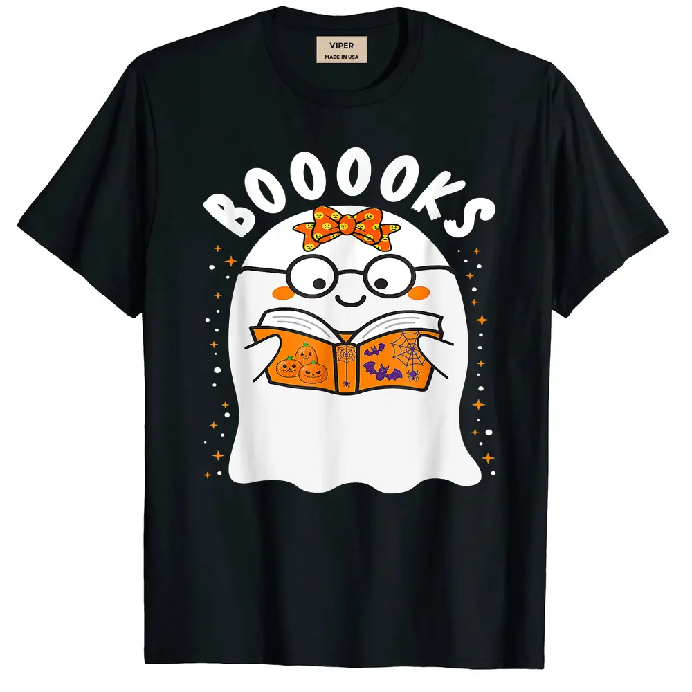 Booooks Cute Ghost Reading Library Books Teacher Halloween T-Shirt - Black