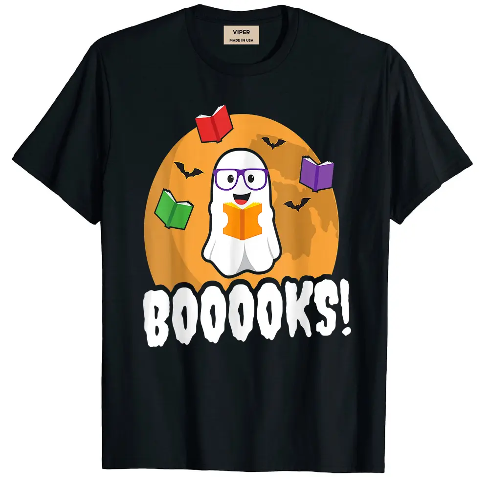 Booooks Ghost Boo Read Books Library Funny Halloween Teacher T-Shirt - Black