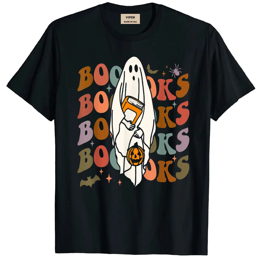 Booooks Ghost Halloween Groovy Vintage Teacher Book Reading T-Shirt - Black