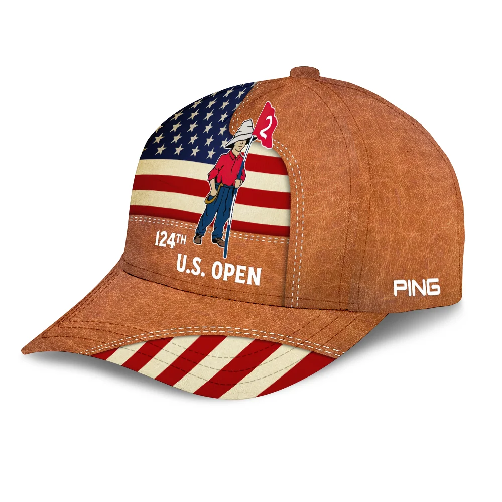 124th U.S. Open Pinehurst Ping Brown Leather Texture USA Flag Golf Style Classic Golf All over Print Cap