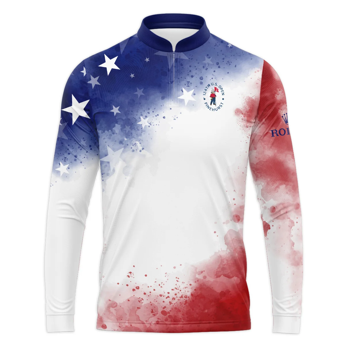 124th U.S. Open Pinehurst Rolex Blue Red Watercolor Star White Backgound Mandarin collar Quater-Zip Long Sleeve