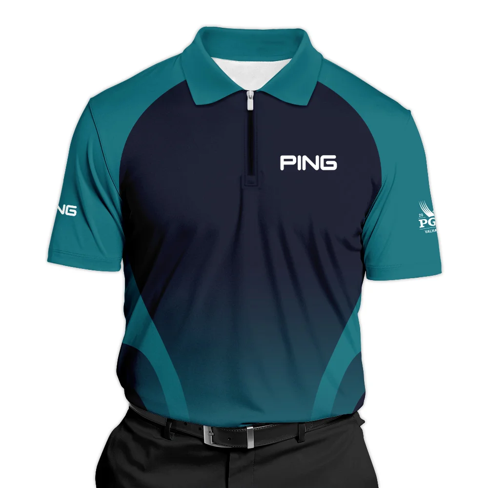 2024 PGA Championship Ping Golf Zipper Polo Shirt Dark Cyan Very Dark Blue Gradient Golf Sports All Over Print Zipper Polo Shirt For Men