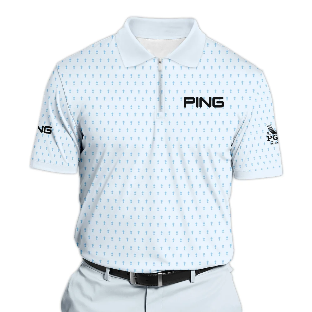 2024 PGA Championship Ping Golf Zipper Polo Shirt Light Blue Pastel Golf Cup Pattern All Over Print Zipper Polo Shirt For Men