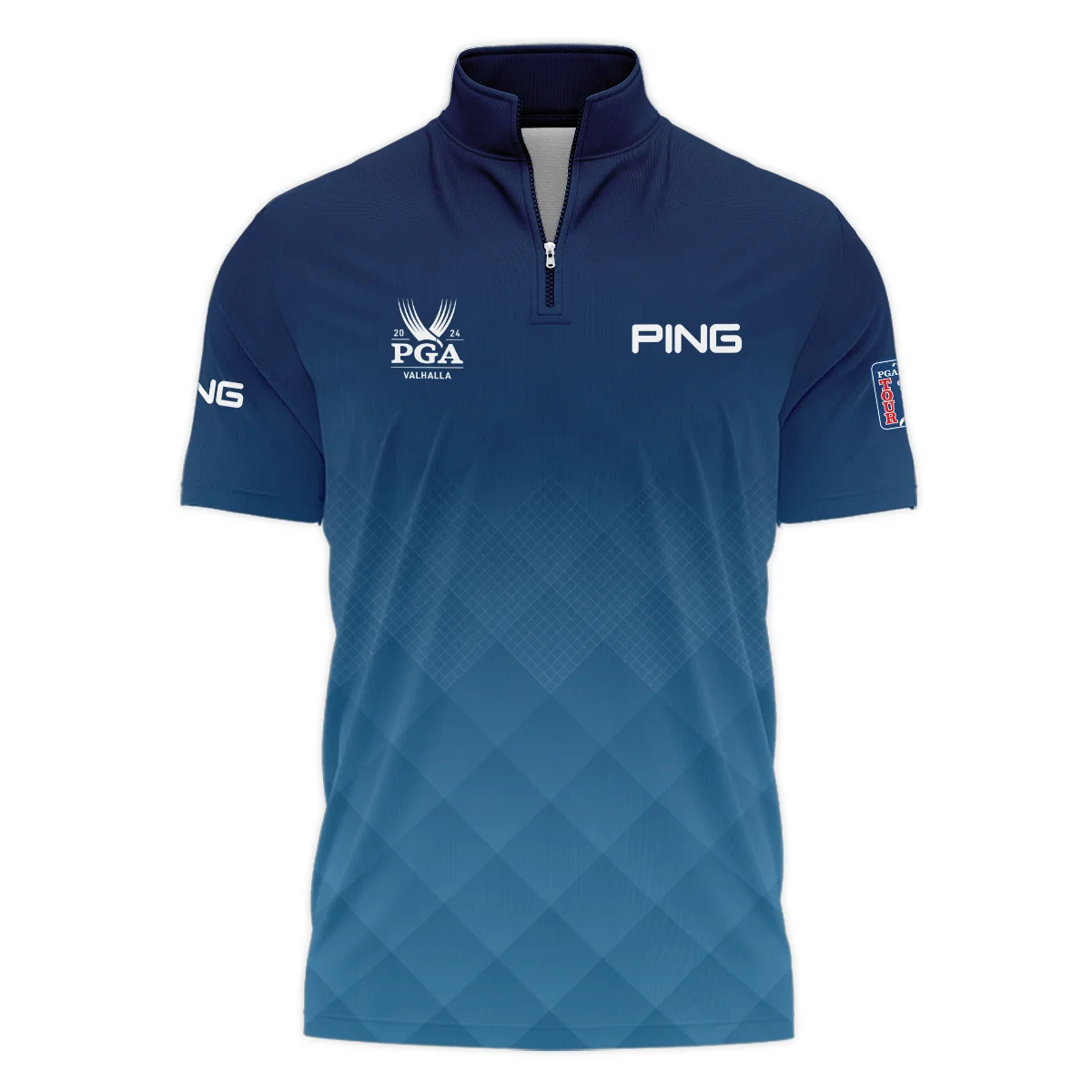 2024 PGA Championship Valhalla Ping Blue Gradient Abstract Stripes  Style Classic, Short Sleeve Polo Shirts Quarter-Zip Casual Slim Fit Mock Neck Basic