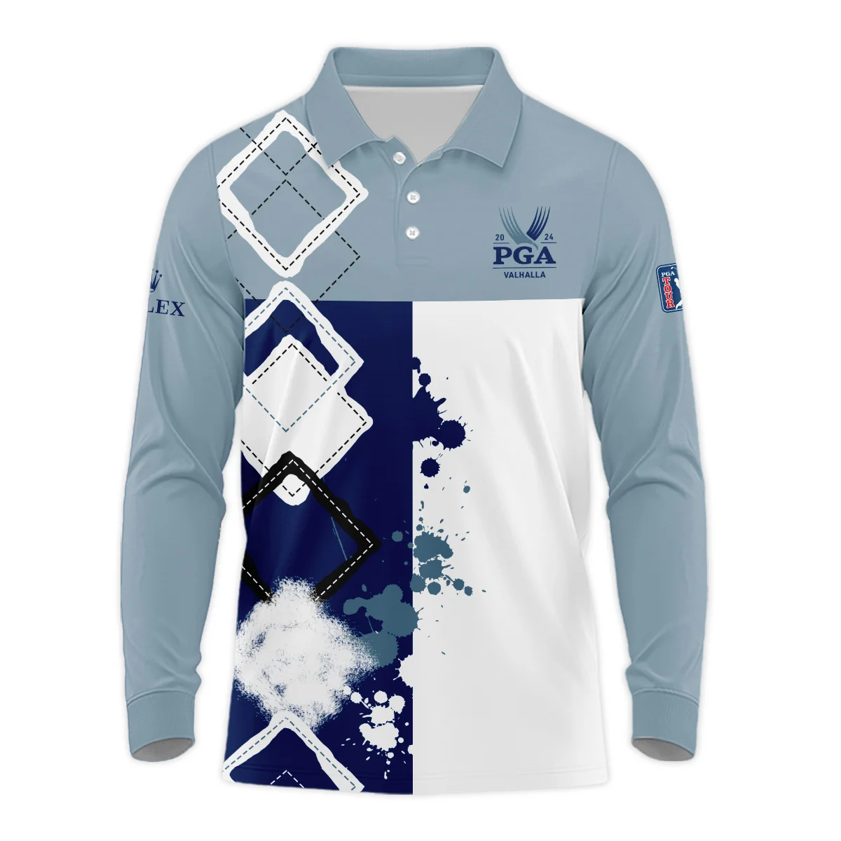 2024 PGA Championship Valhalla Rolex Blue White Brush Line Long Polo Shirt Style Classic Long Polo Shirt For Men