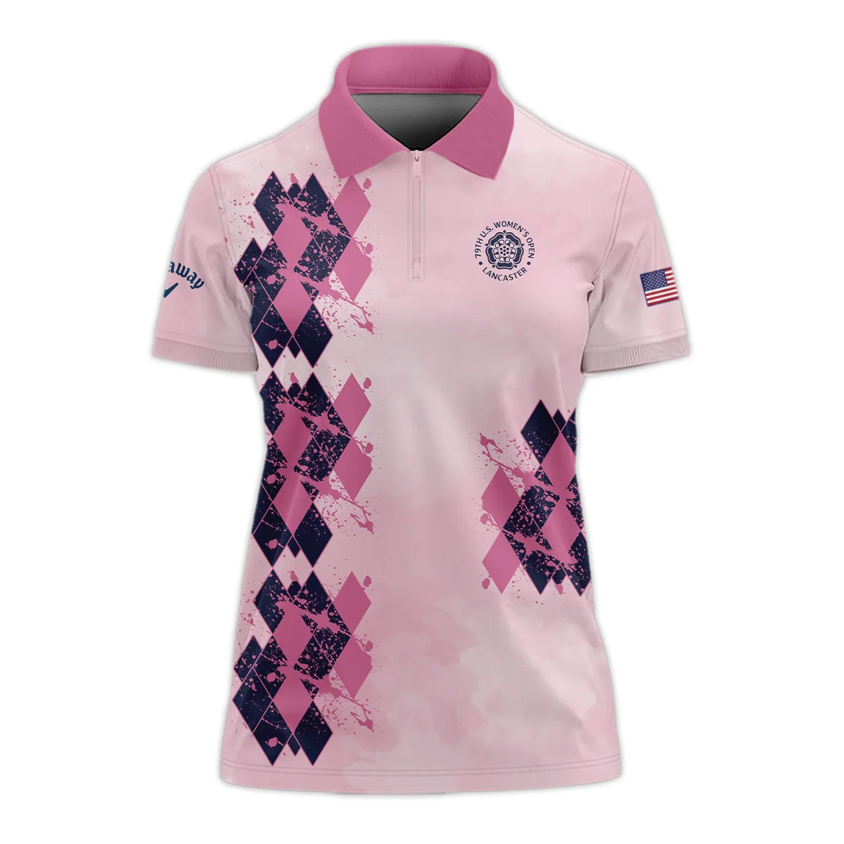 79th U.S. Women’s Open Lancaster Callaway Argyle Plaid Pink Blue Pattern Zipper Short Polo Shirt