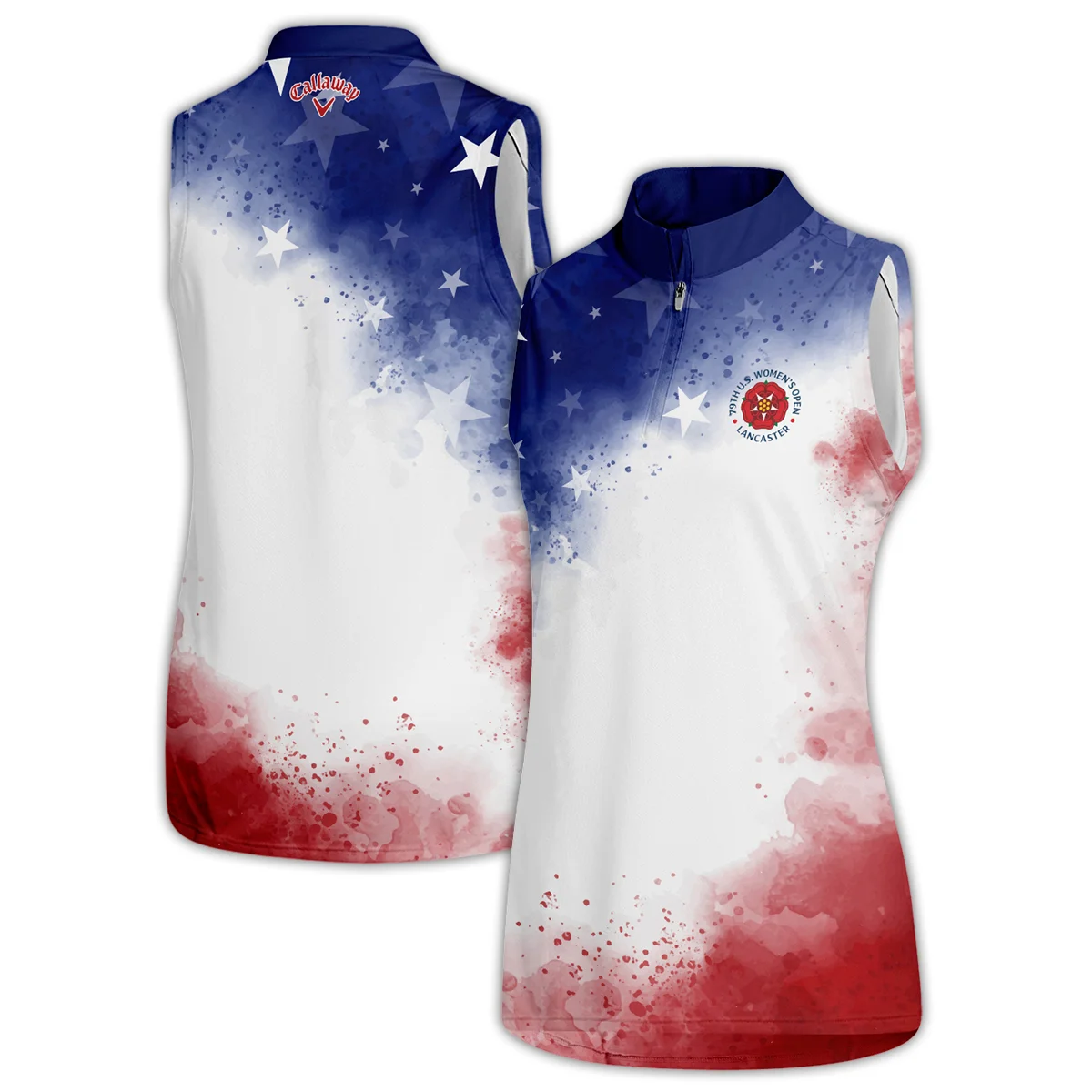 79th U.S. Women’s Open Lancaster Callaway Golf Blue Red Watercolor White Star Quater Zip Sleeveless Polo Shirt