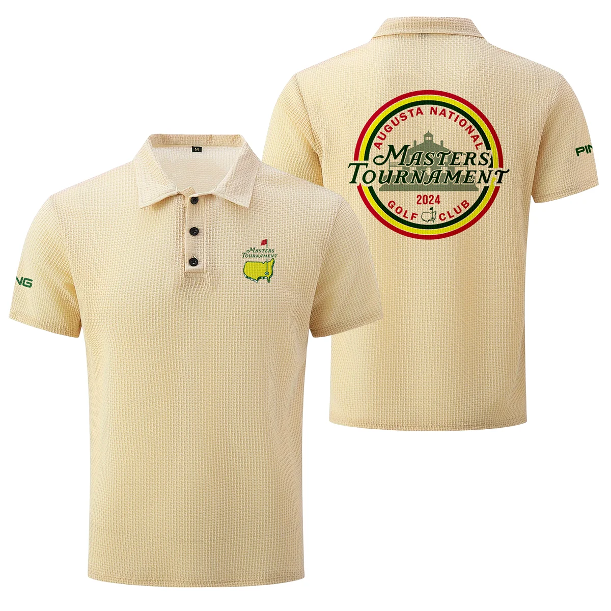 Apricot Color The Masters Tournament 2024 Augusta National Golf Club Ping , Mesh Comfy Men's Stretch Solid Short Sleeve Lapel Golf Shirt