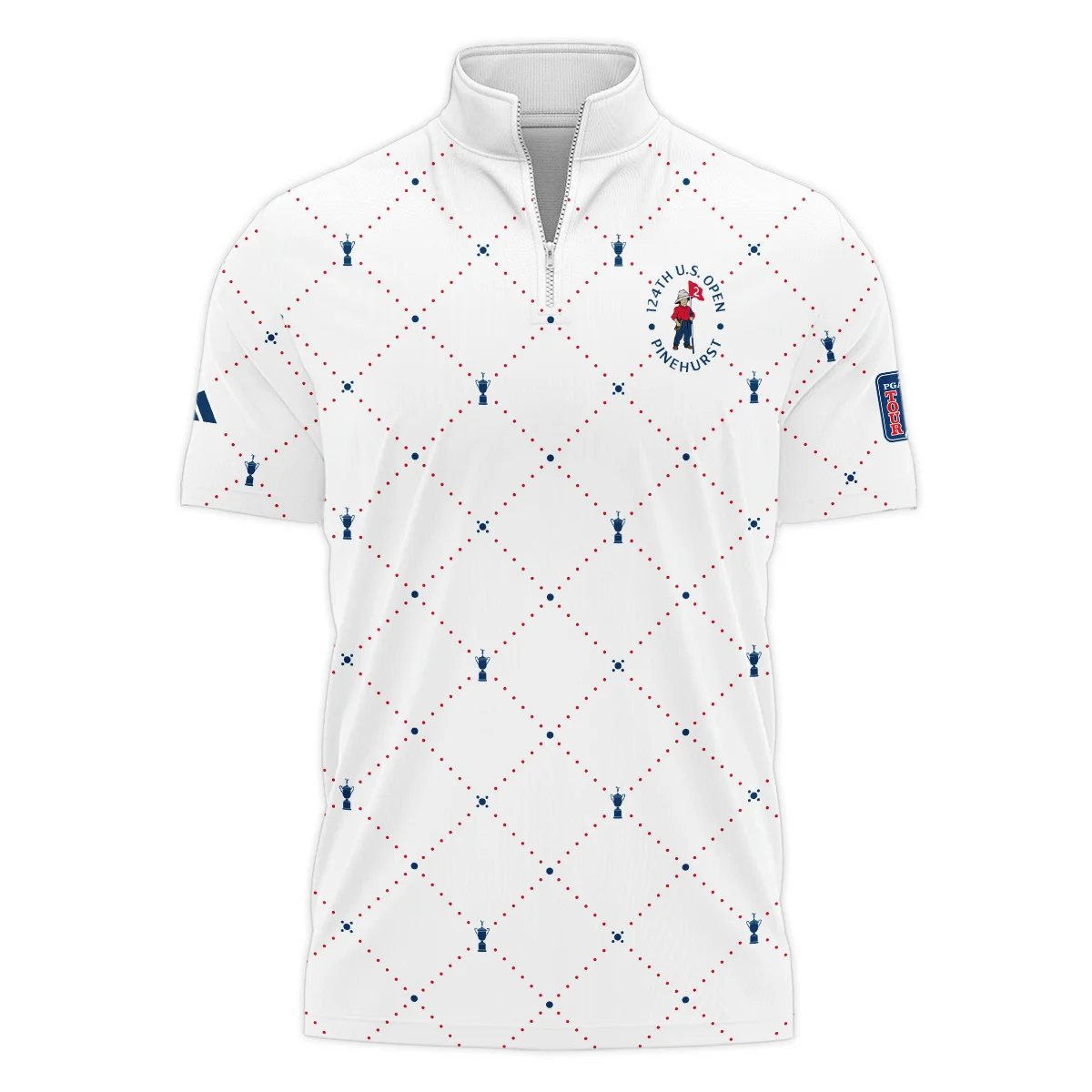 Argyle Pattern With Cup 124th U.S. Open Pinehurst Adidas Style Classic, Short Sleeve Polo Shirts Quarter-Zip Casual Slim Fit Mock Neck Basic