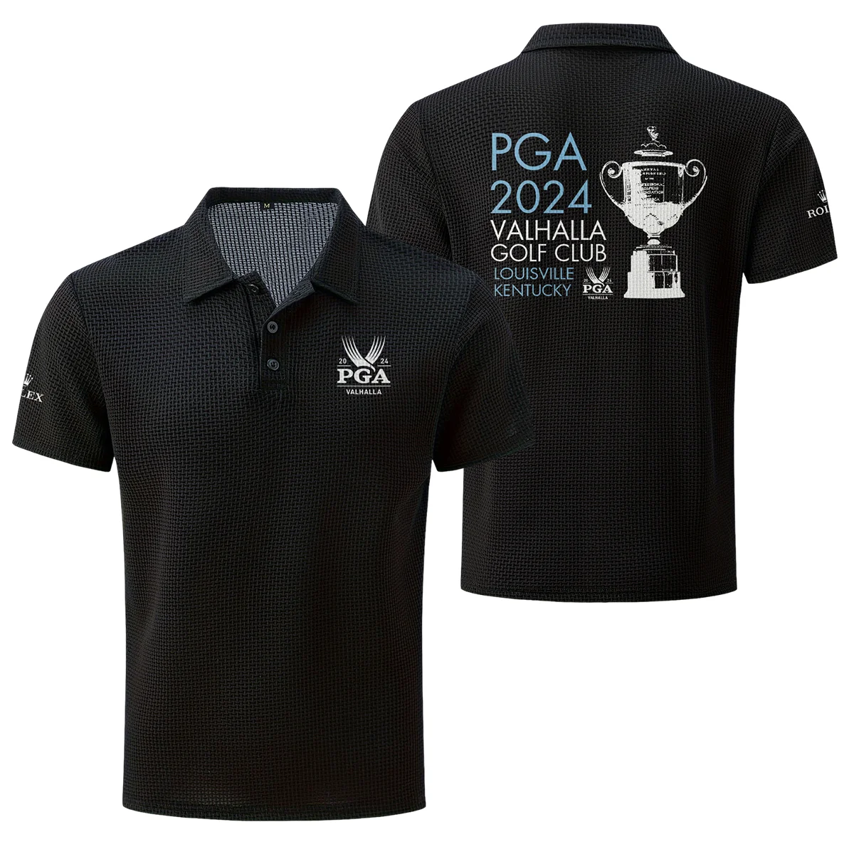 Black Color PGA Championship Valhalla Golf Club Louisville Kentucky Trophy 2024 Rolex , Mesh Comfy Men's Stretch Solid Short Sleeve Lapel Golf Shirt