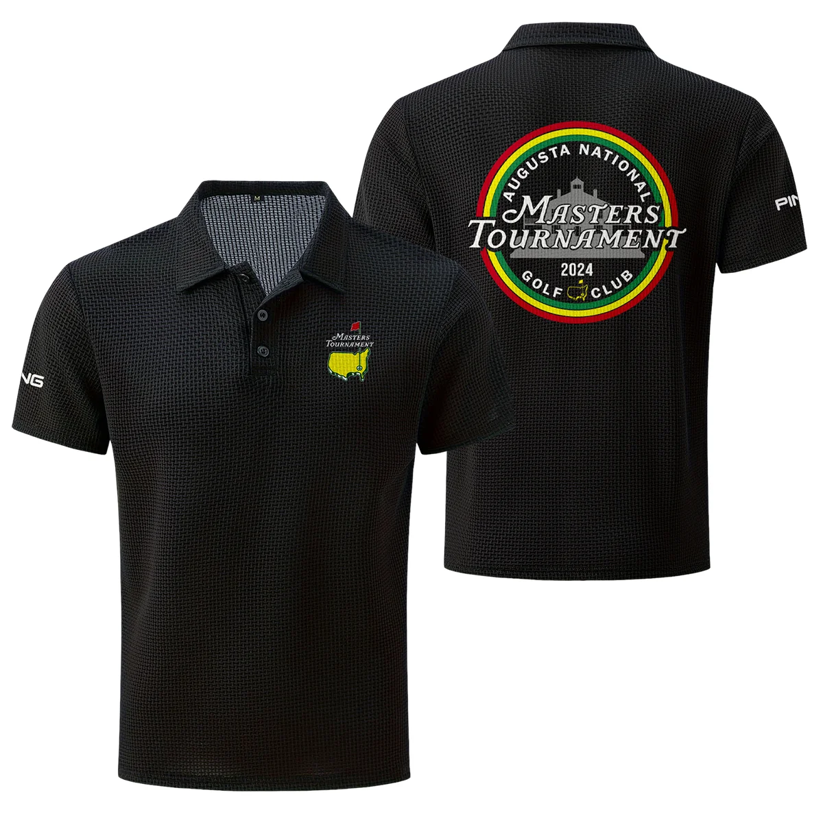 Black Color The Masters Tournament 2024 Augusta National Golf Club Ping , Mesh Comfy Men's Stretch Solid Short Sleeve Lapel Golf Shirt