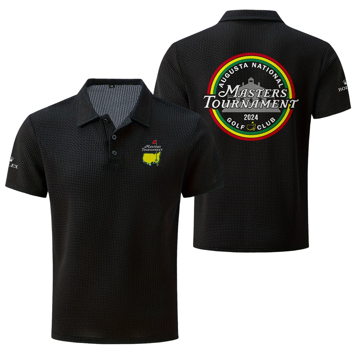 Black Color The Masters Tournament 2024 Augusta National Golf Club Rolex , Mesh Comfy Men's Stretch Solid Short Sleeve Lapel Golf Shirt