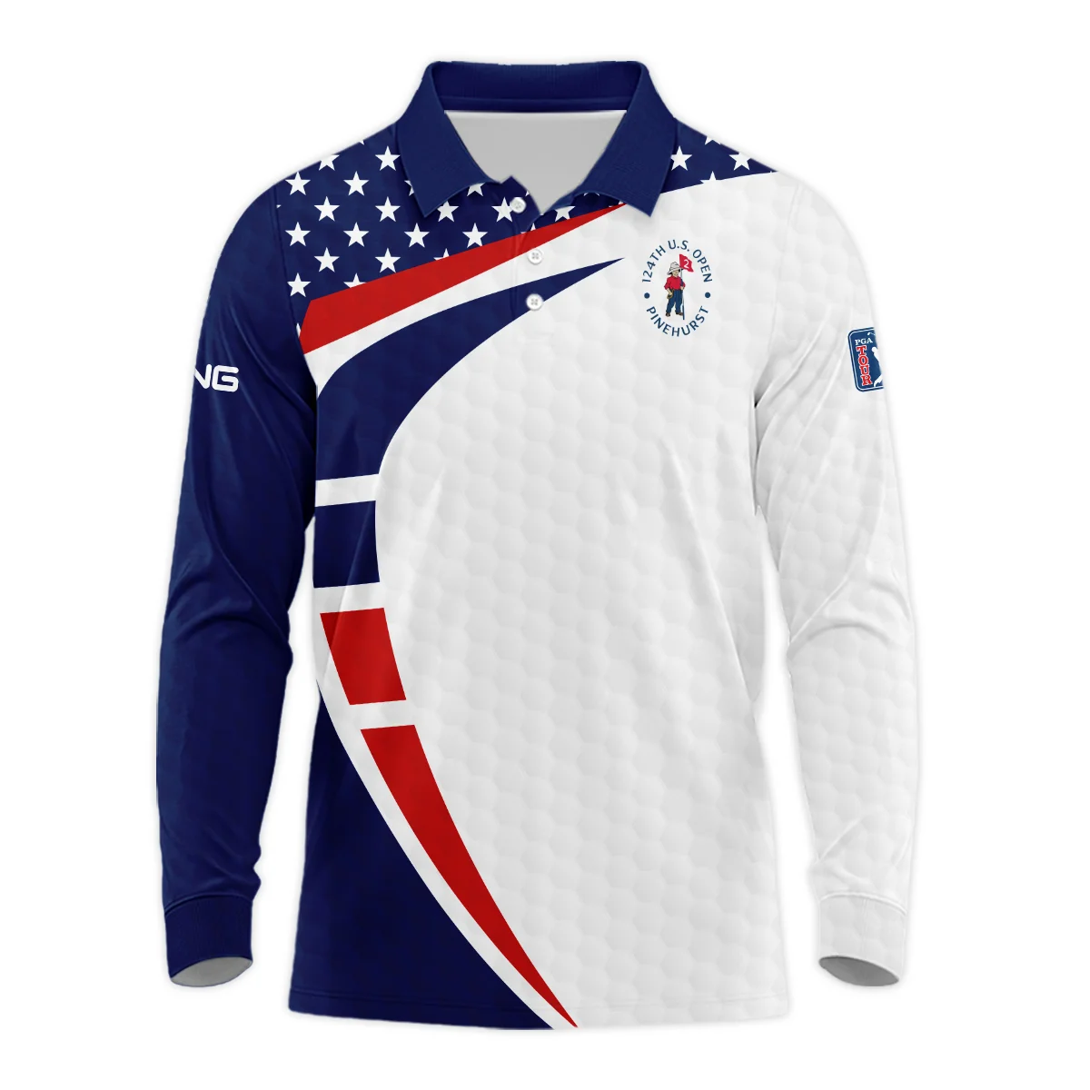 Blue Red Golf Pattern Star White 124th U.S. Open Pinehurst Ping Long Polo Shirt Style Classic