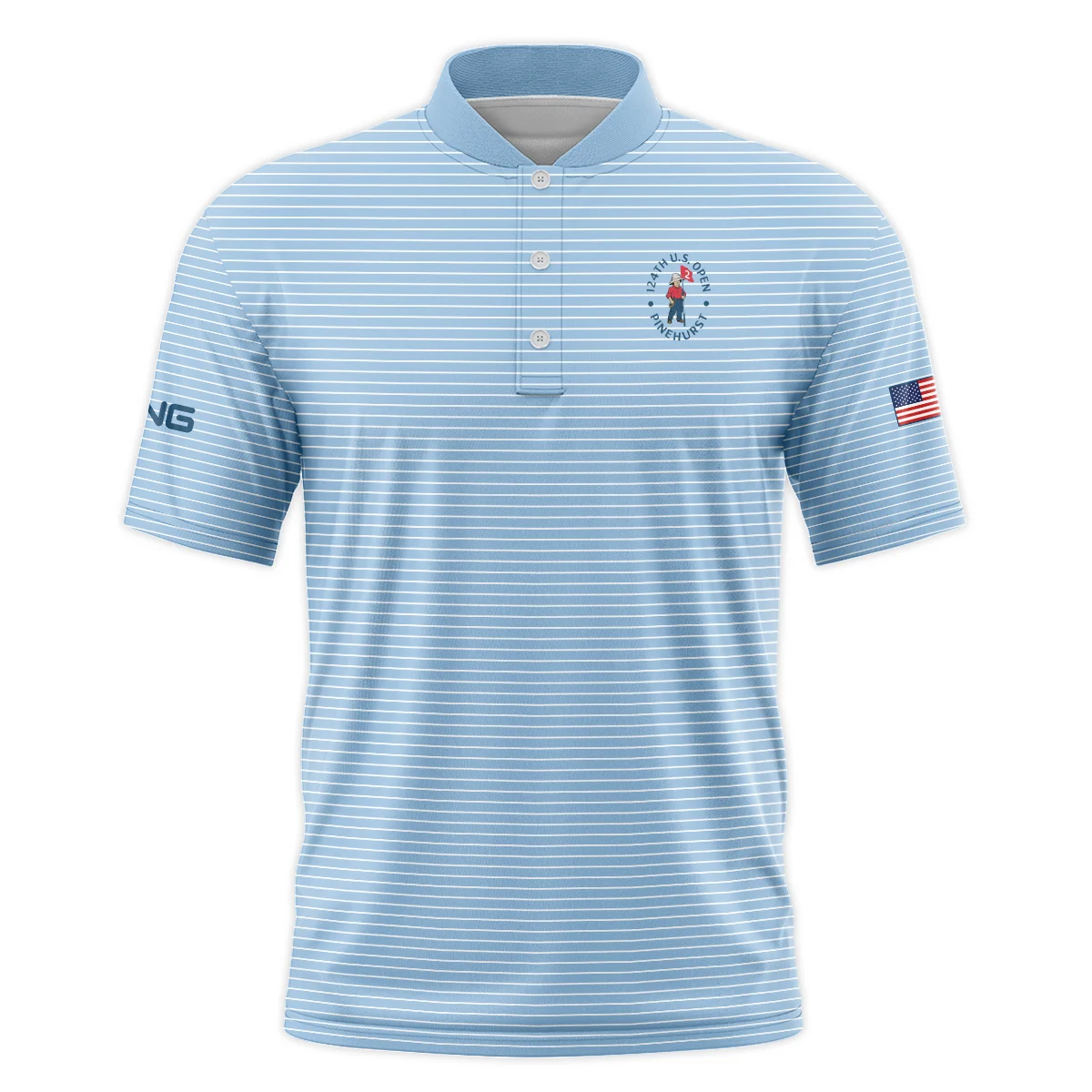 Blue White Line Pattern Ping 124th U.S. Open Pinehurst Style Classic, Short Sleeve Round Neck Polo Shirt