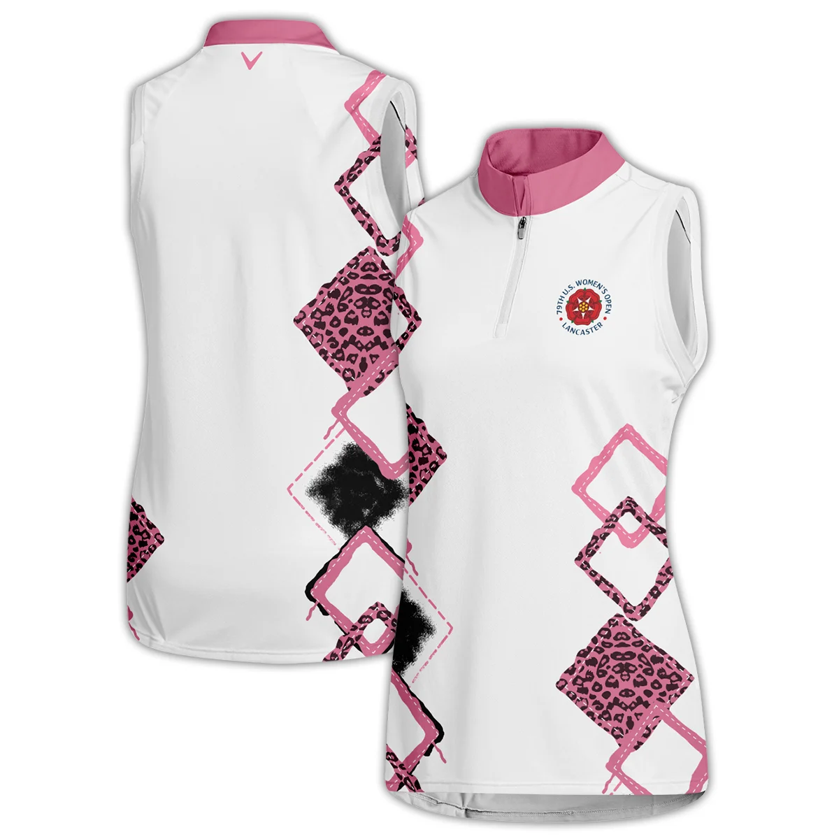 Callaway 79th U.S. Women’s Open Lancaster Pink Leopard Pattern White Quater Zip Sleeveless Polo Shirt