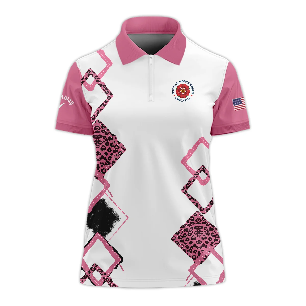 Callaway 79th U.S. Women’s Open Lancaster Pink Leopard Pattern White Zipper Short Polo Shirt