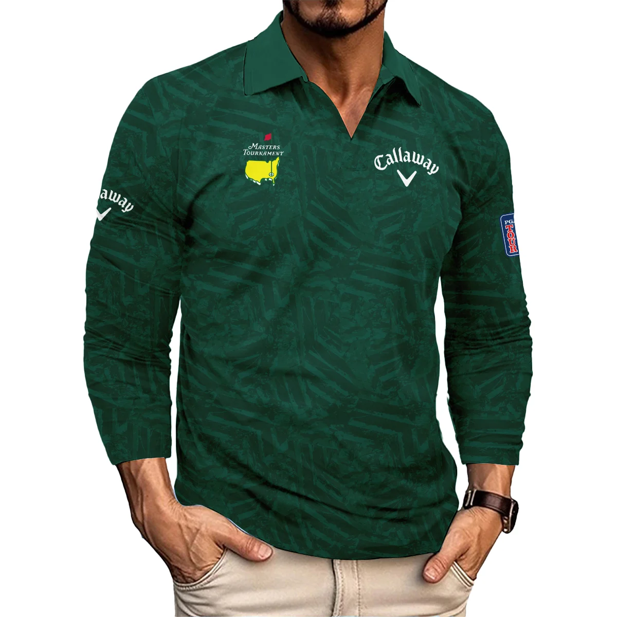 Callaway Masters Tournament Green Stratches Seamless Pattern Vneck Long Polo Shirt Style Classic Long Polo Shirt For Men