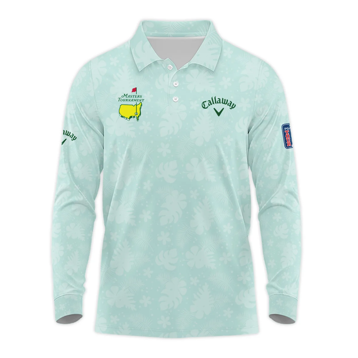 Callaway Masters Tournament Sports Long Polo Shirt Green Pastel Floral Hawaiian Pattern All Over Print Long Polo Shirt For Men