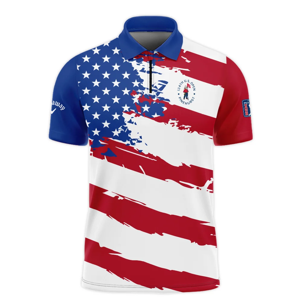 Callaway US Flag Blue Red Stars 124th U.S. Open Pinehurst Zipper Polo Shirt Style Classic Zipper Polo Shirt For Men