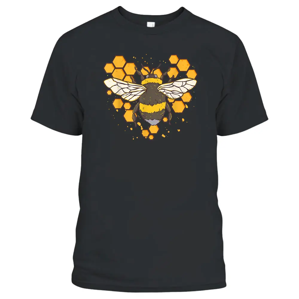 Cottagecore Honey Bee Heart Pattern Honeycomb Bee Farmer T-Shirt