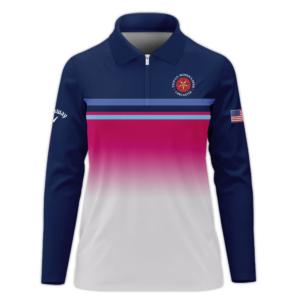 Dark Blue Pink White Line Callaway 79th U.S. Women’s Open Lancaster Zipper Long Polo Shirt