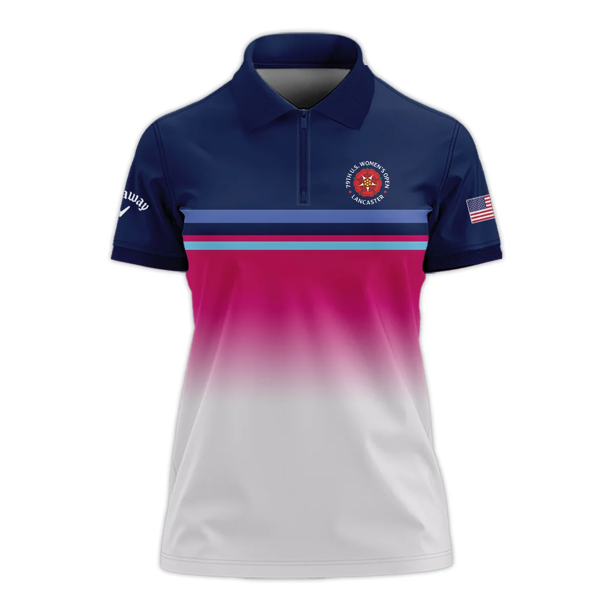 Dark Blue Pink White Line Callaway 79th U.S. Women’s Open Lancaster Zipper Short Polo Shirt