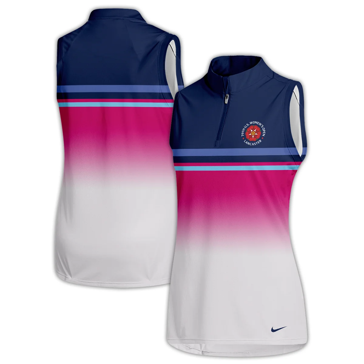 Dark Blue Pink White Line Nike 79th U.S. Women’s Open Lancaster Quater Zip Sleeveless Polo Shirt