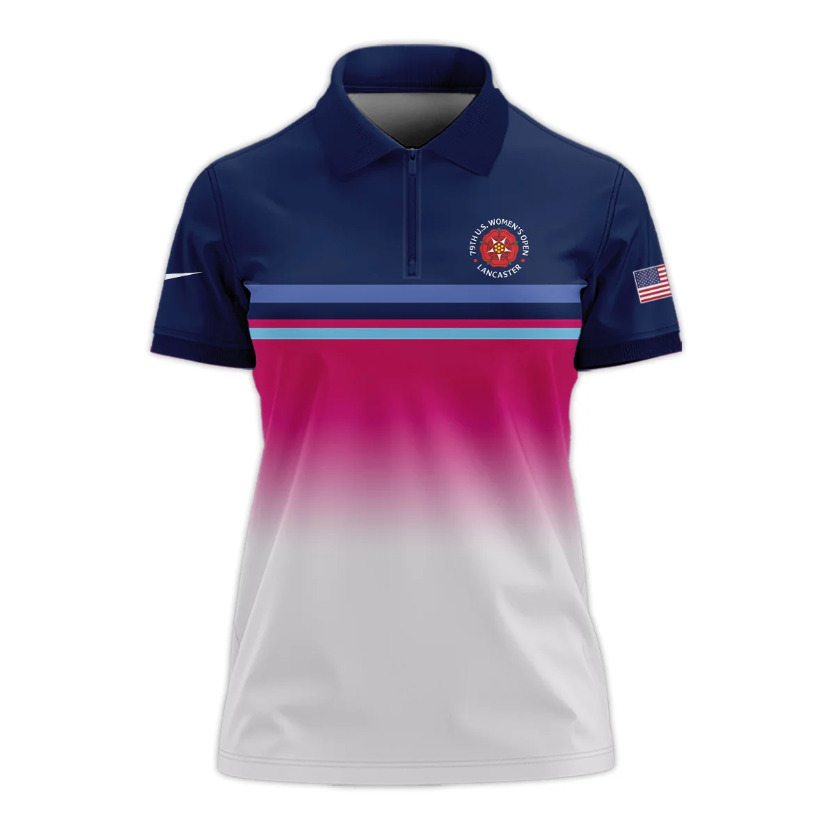 Dark Blue Pink White Line Nike 79th U.S. Women’s Open Lancaster Zipper Short Polo Shirt