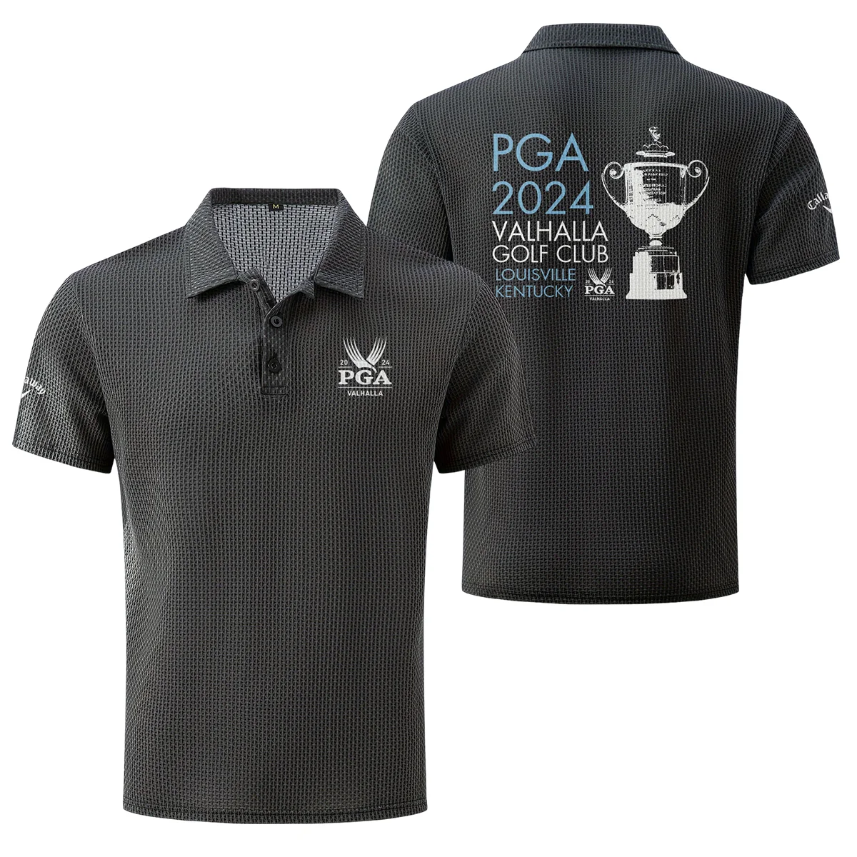 Dark Gray Color PGA Championship Valhalla Golf Club Louisville Kentucky Trophy 2024 Callaway , Mesh Comfy Men's Stretch Solid Short Sleeve Lapel Golf Shirt