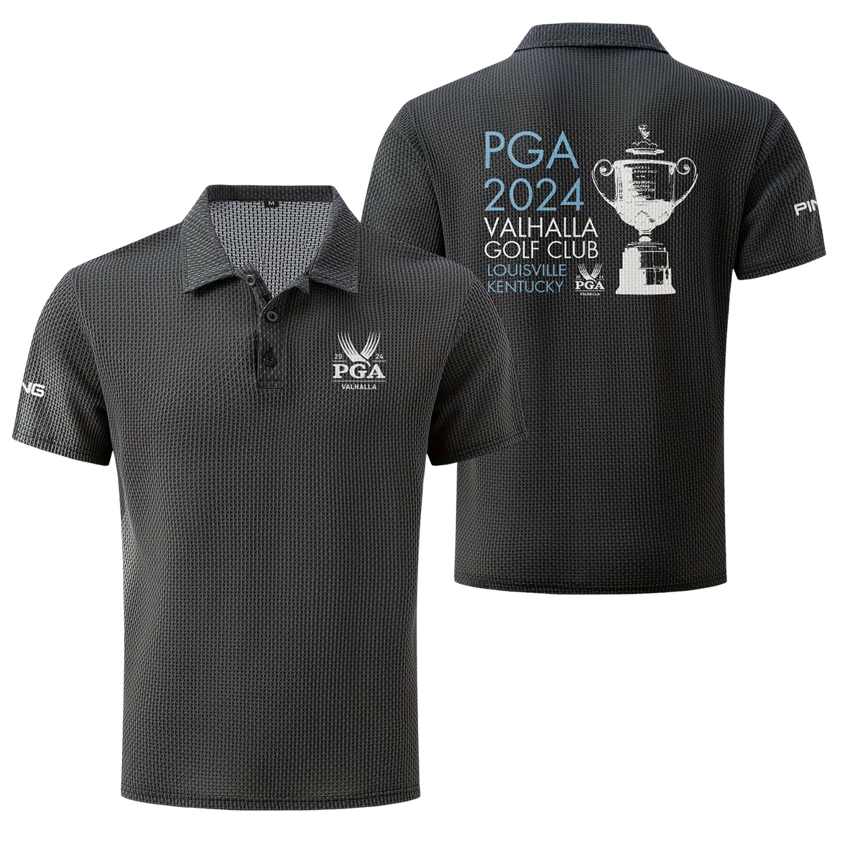 Dark Gray Color PGA Championship Valhalla Golf Club Louisville Kentucky Trophy 2024 Ping , Mesh Comfy Men's Stretch Solid Short Sleeve Lapel Golf Shirt