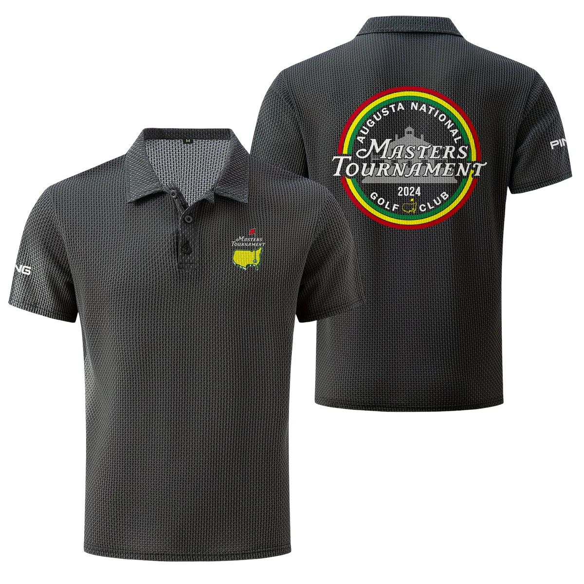 Dark Gray Color The Masters Tournament 2024 Augusta National Golf Club Ping , Mesh Comfy Men's Stretch Solid Short Sleeve Lapel Golf Shirt