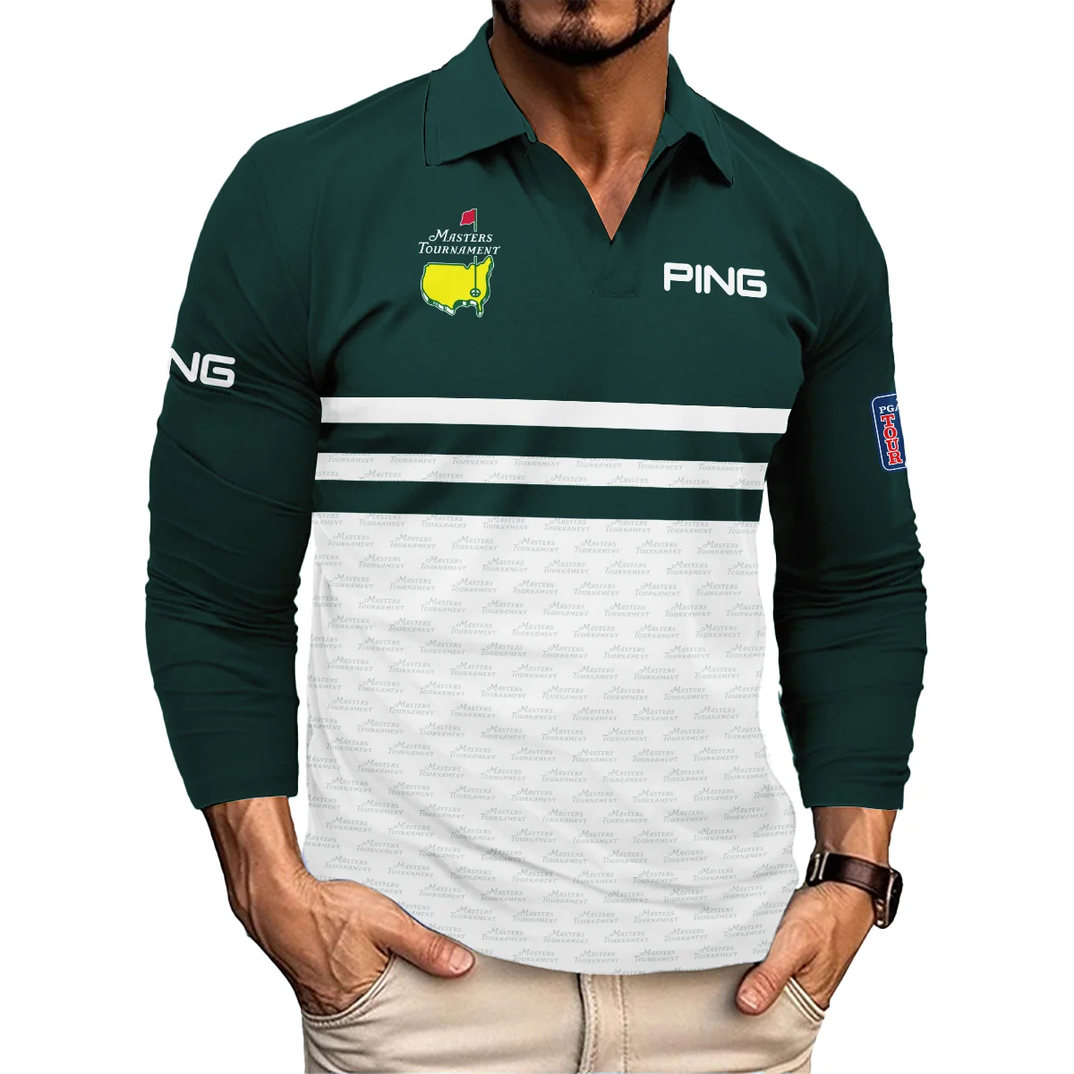 Dark Green Mix White With Logo Pattern Masters Tournament Ping Vneck Long Polo Shirt Style Classic Long Polo Shirt For Men