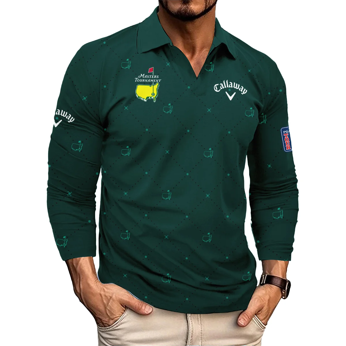 Dark Green Pattern In Retro Style With Logo Masters Tournament Callaway Vneck Long Polo Shirt Style Classic Long Polo Shirt For Men