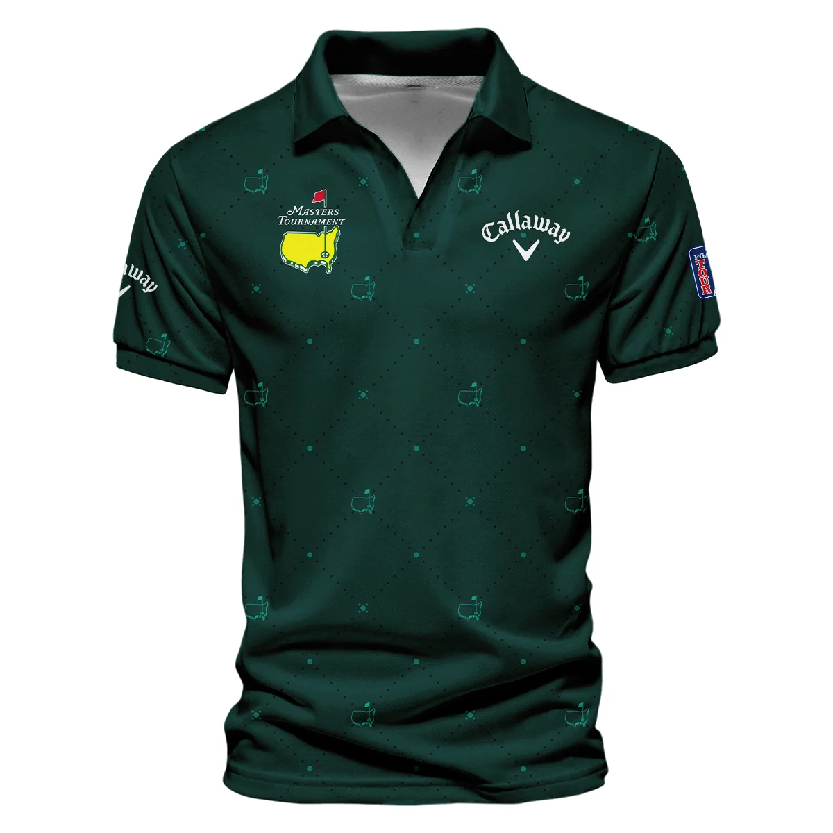 Dark Green Pattern In Retro Style With Logo Masters Tournament Callaway Vneck Polo Shirt Style Classic Polo Shirt For Men