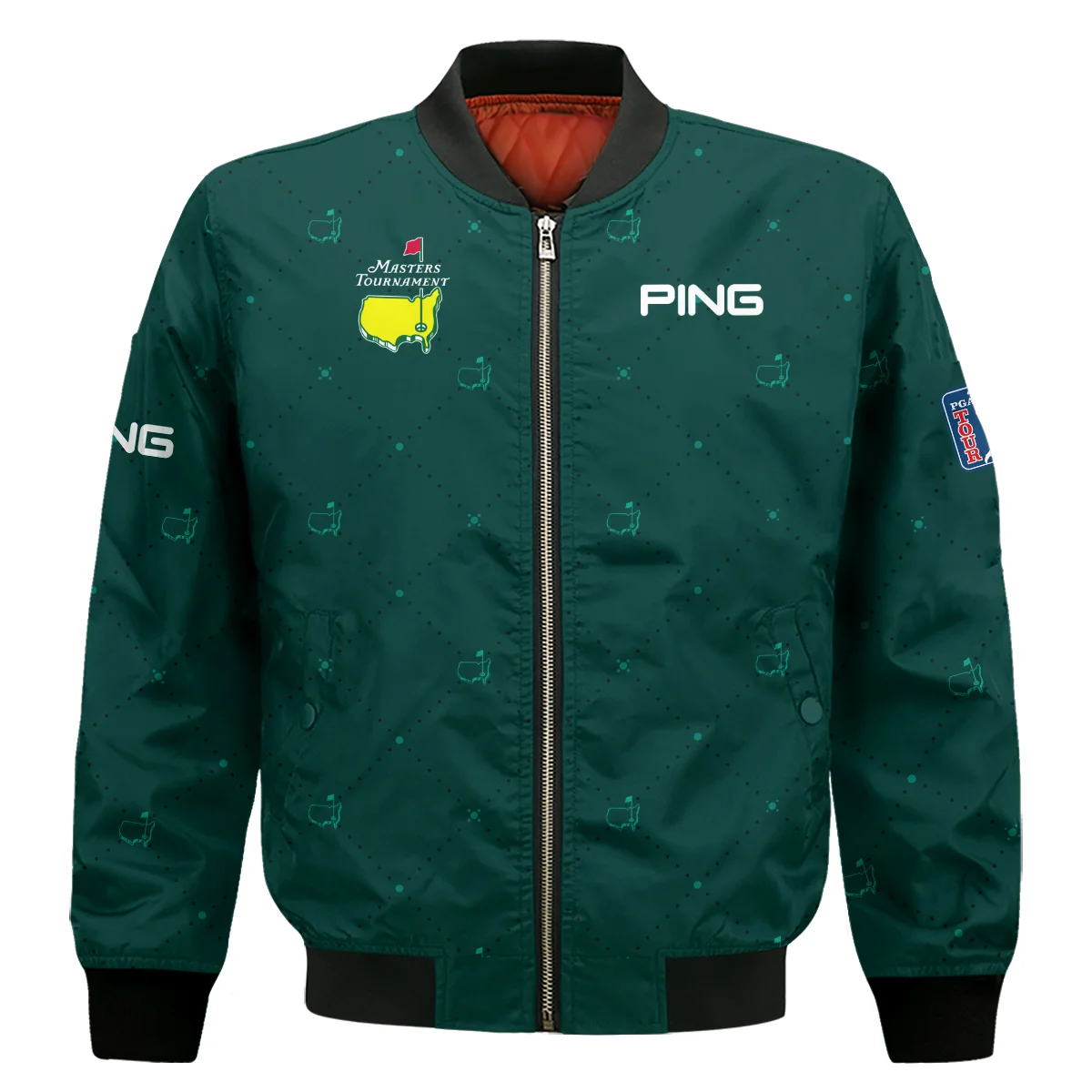 Dark Green Pattern In Retro Style With Logo Masters Tournament Ping Bomber Jacket Style Classic Bomber Jacket